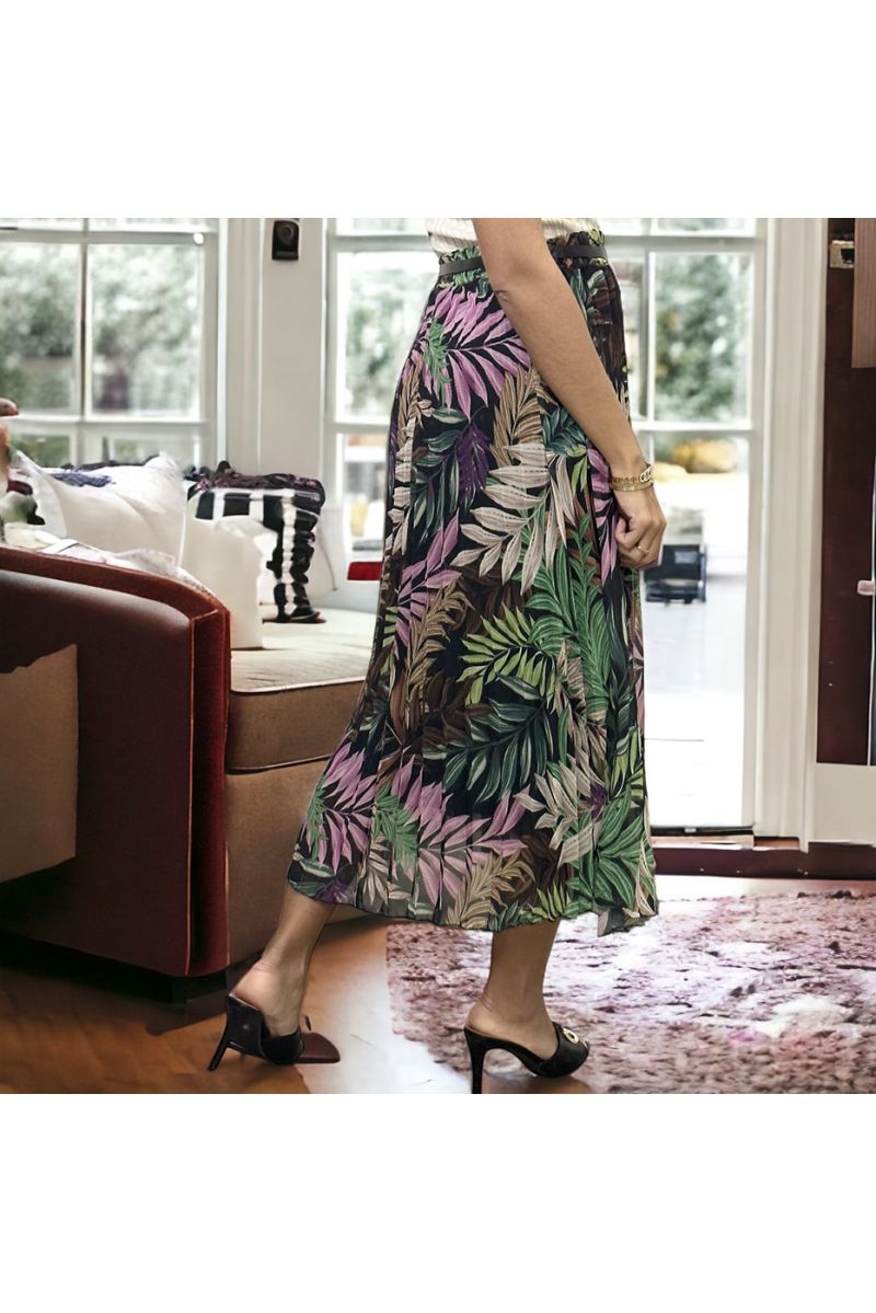 Long black leaf pattern skirt with belt - 1