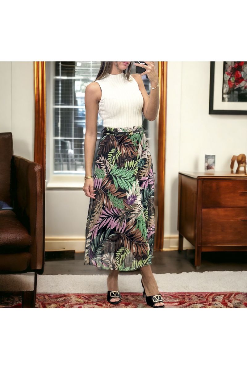 Long black leaf pattern skirt with belt - 2