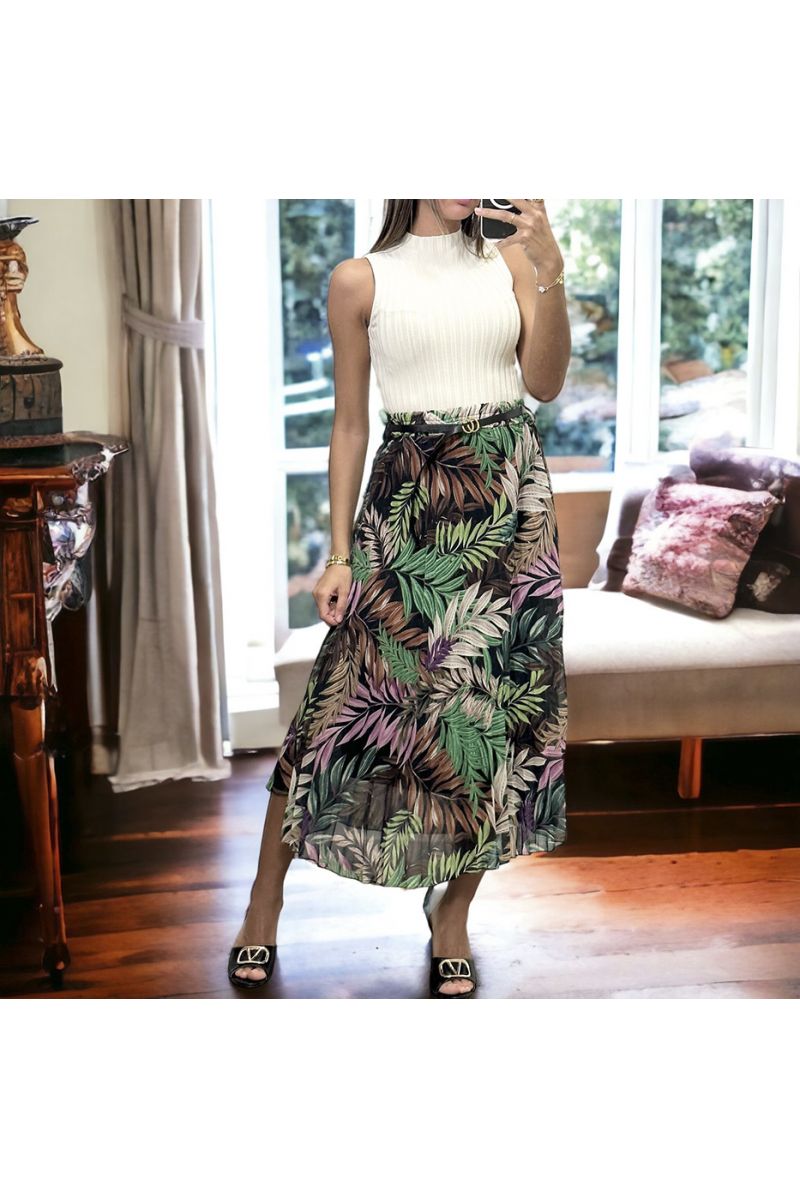 Long black leaf pattern skirt with belt - 3