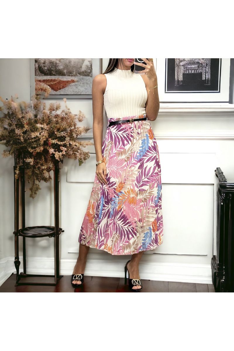 Long beige leaf pattern skirt with belt - 1
