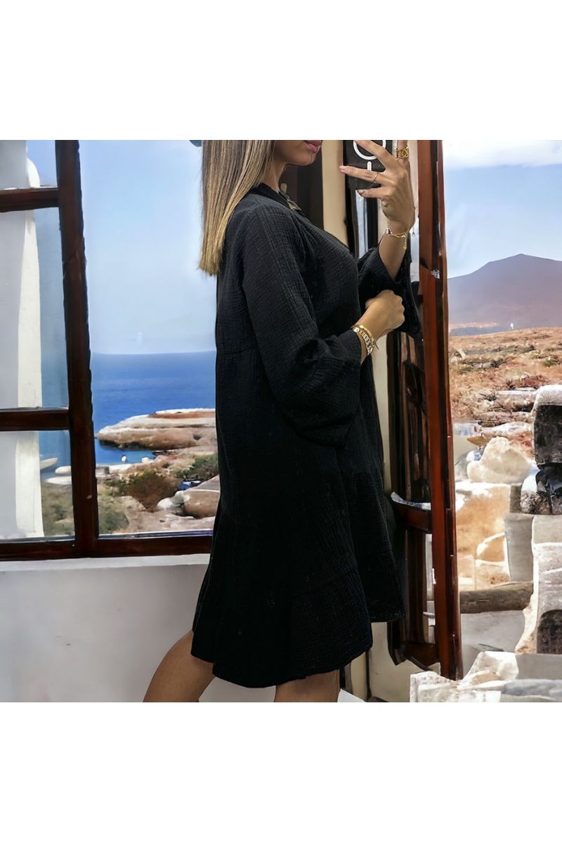 Black tunic dress with flounce in cotton gas - 1 Black tunic dress with flounce in cotton gas - 1