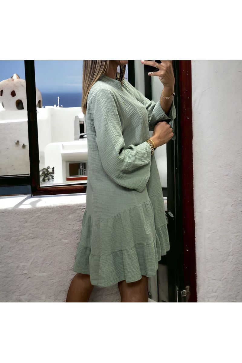 Robe tunique kaki à volant en gaz de coton - 1