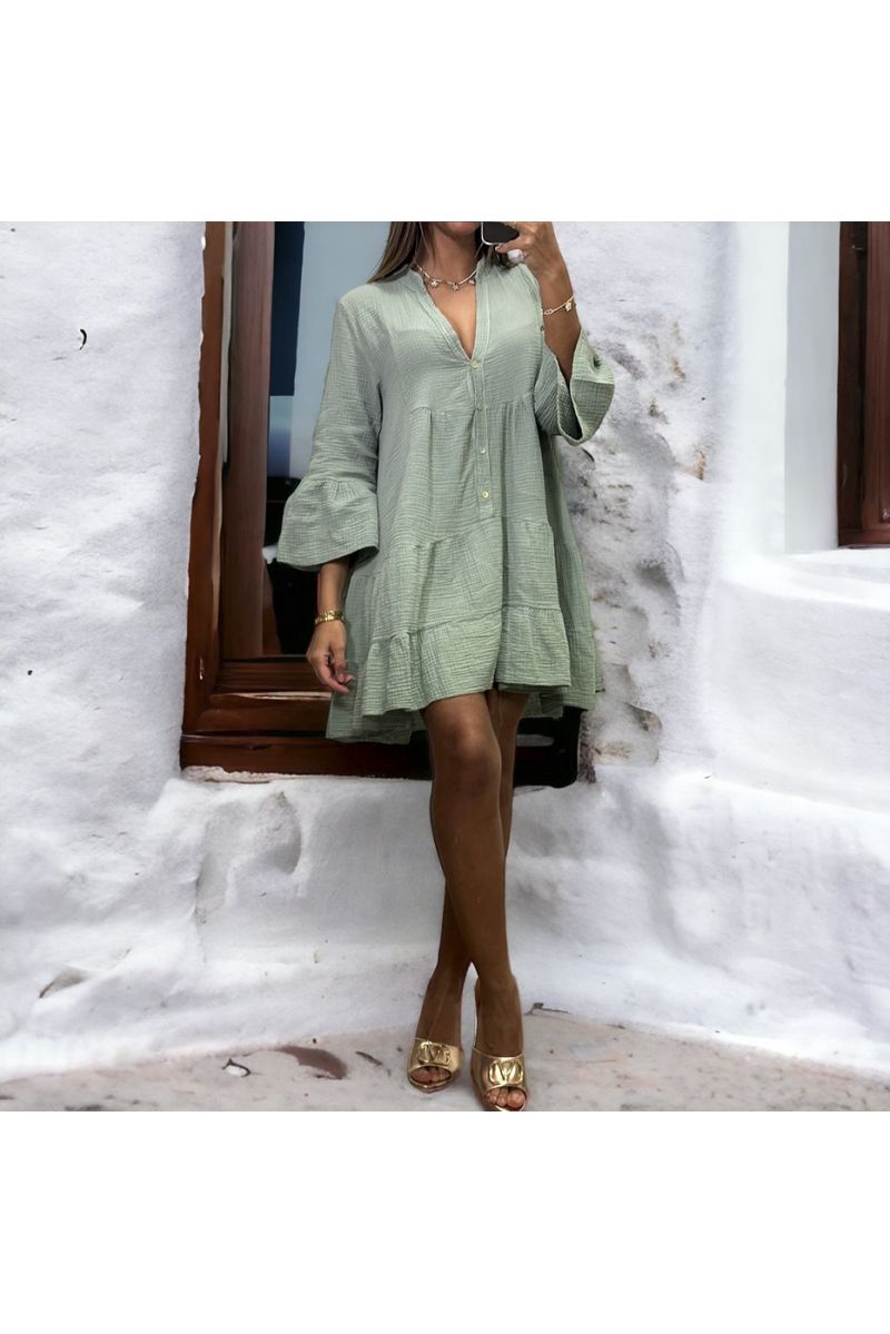 Robe tunique kaki à volant en gaz de coton - 2