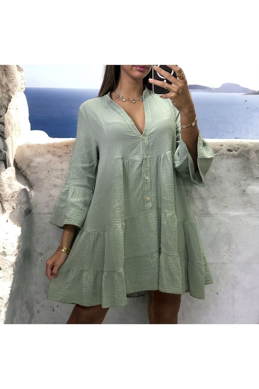 Khaki tunic dress with flounce in cotton gas