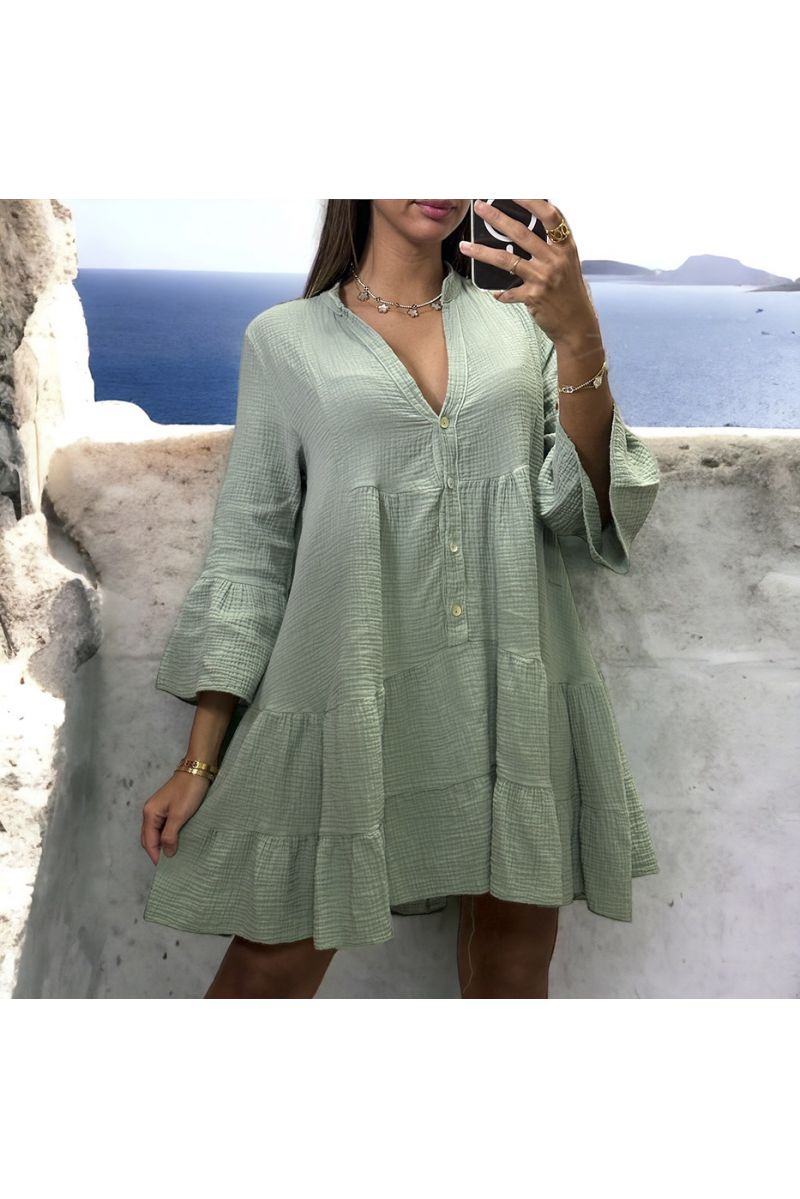 Robe tunique kaki à volant en gaz de coton - 3