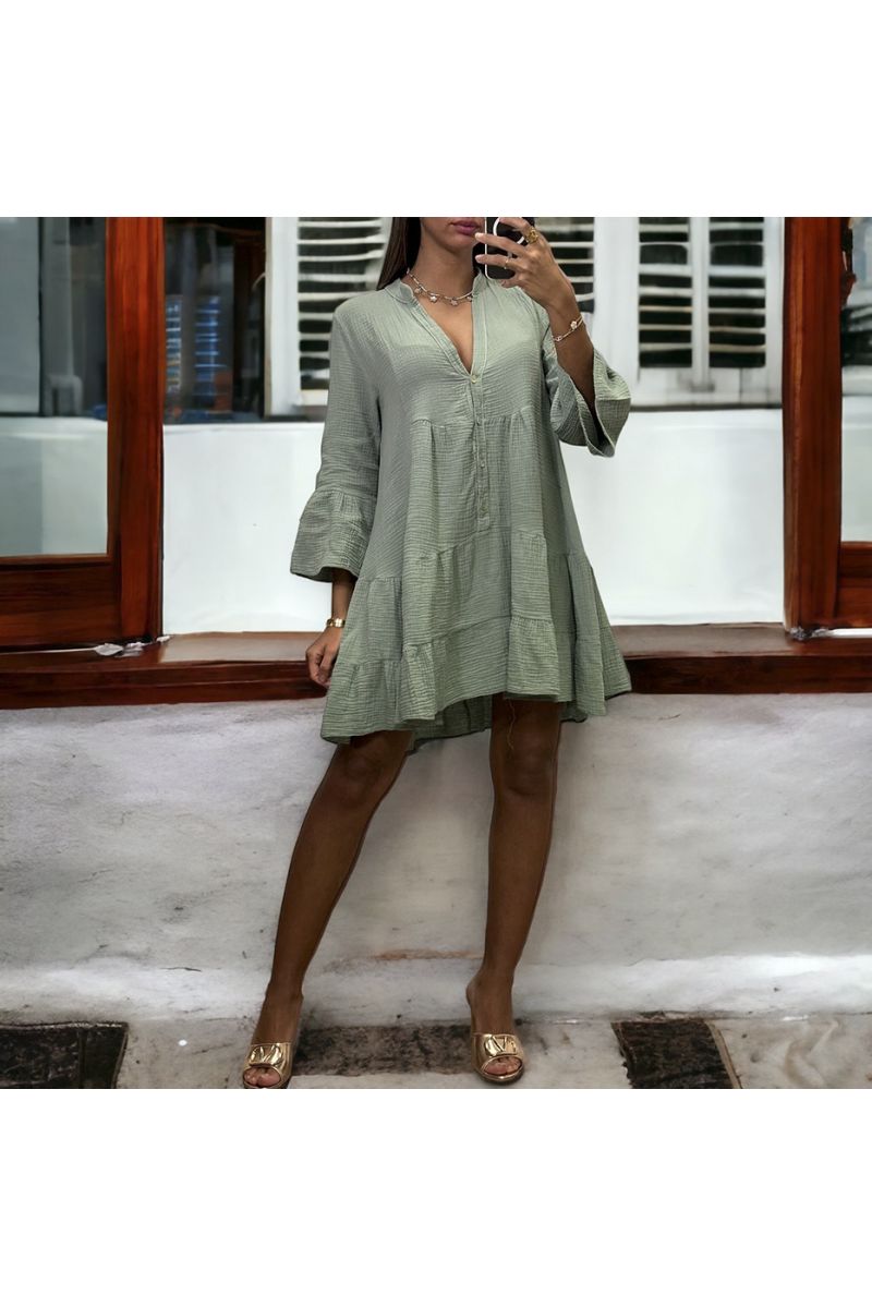 Robe tunique kaki à volant en gaz de coton - 4