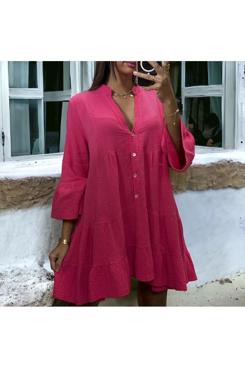 Robe tunique fuchsia à volant en gaz de coton - 2 Robe tunique fuchsia à volant en gaz de coton - 2