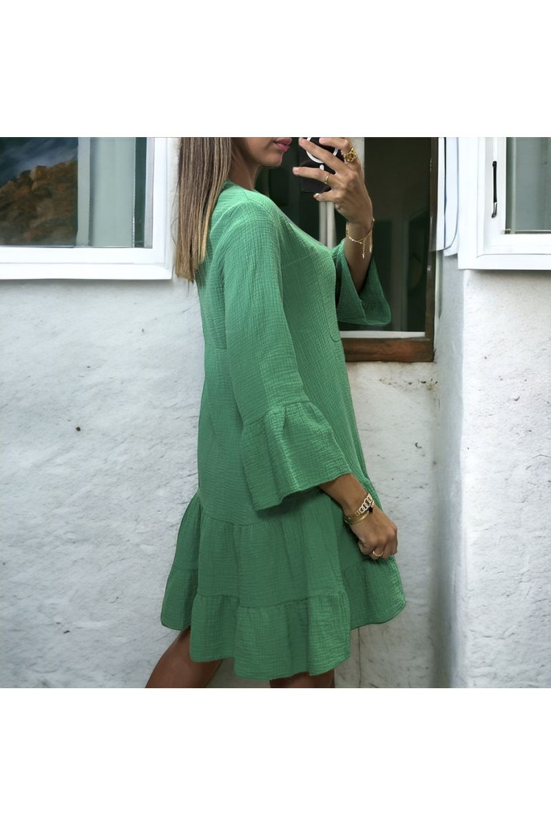 Green tunic dress with ruffle in cotton gas - 1 Green tunic dress with ruffle in cotton gas - 1