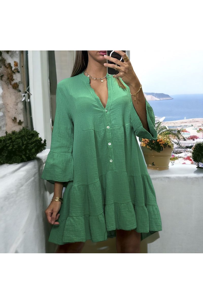 Green tunic dress with ruffle in cotton gas - 2 Green tunic dress with ruffle in cotton gas - 2