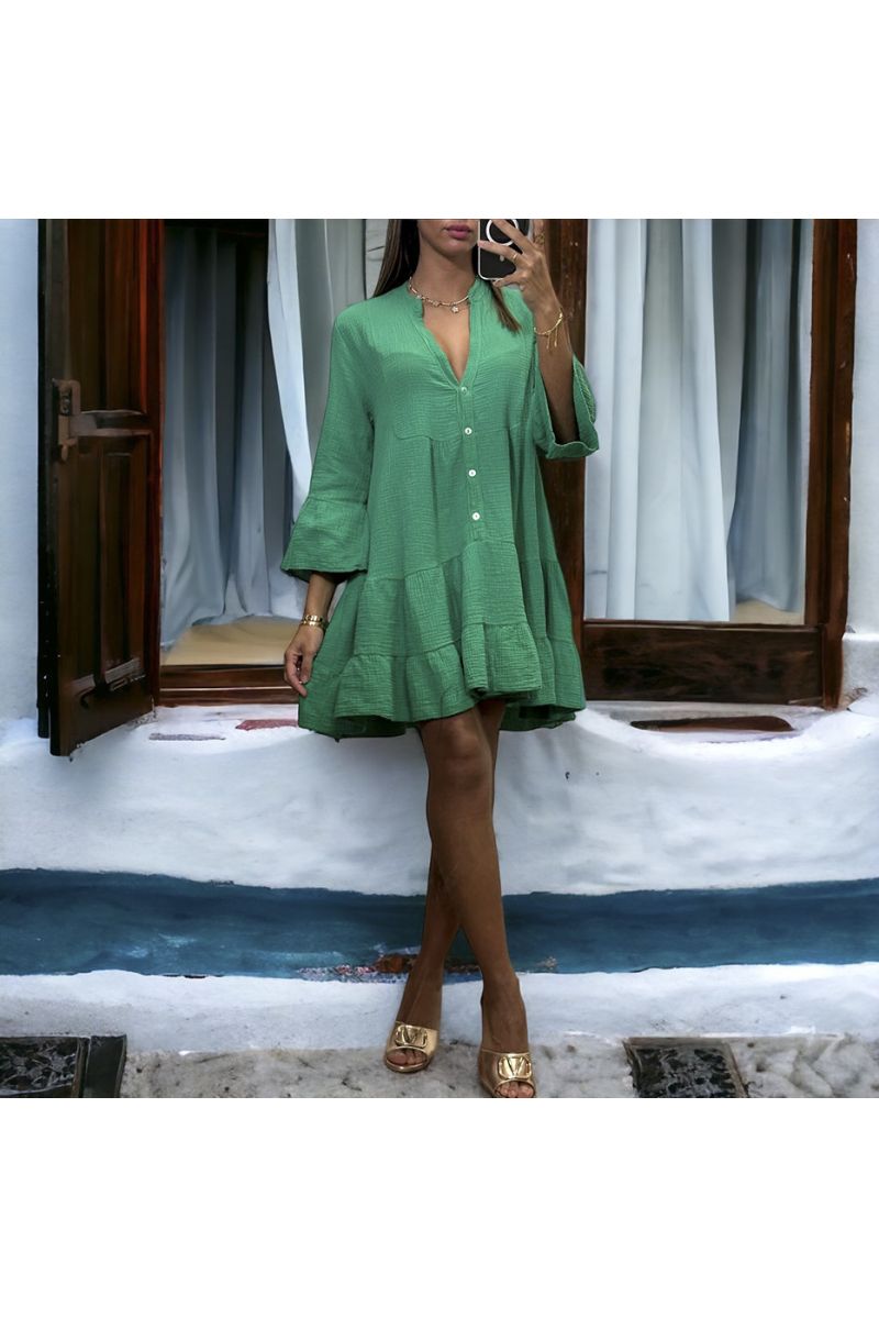 Robe tunique verte à volant en gaz de coton - 3