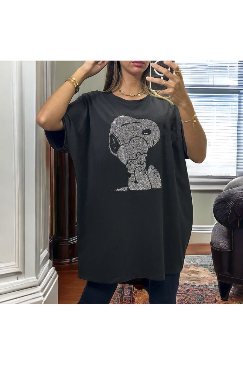 Black oversize cotton T-shirt with rhinestone design up to size 52 - 1