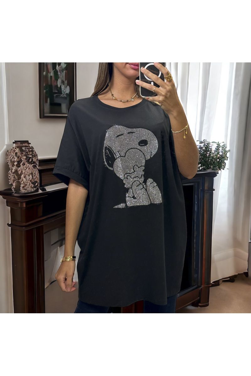 Zwart oversized katoenen T-shirt met strass dessin tot maat 52 - 2