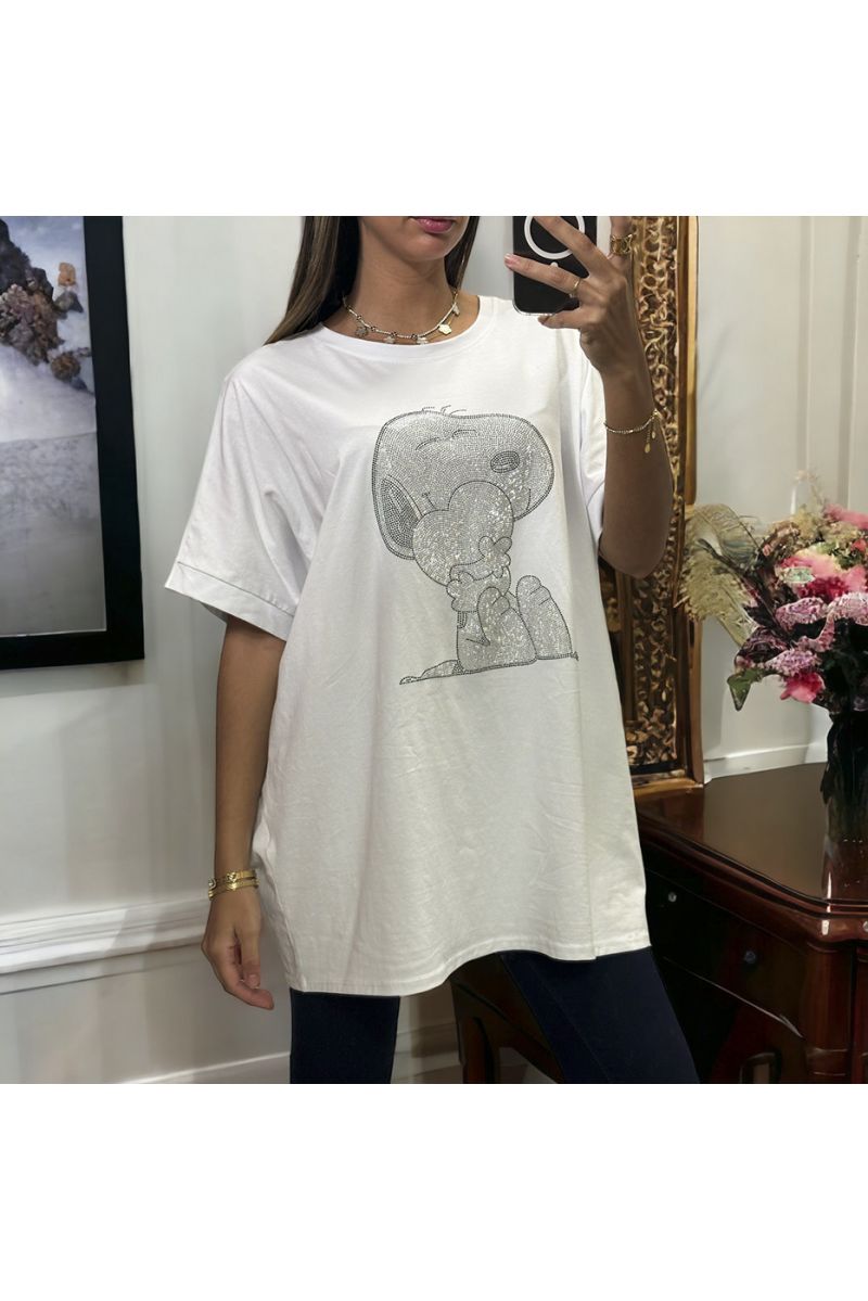 Oversize white cotton T-shirt with rhinestone design up to size 52 - 1