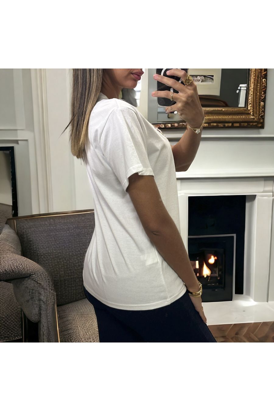 White t-shirt with plush teddy bear design with pearl - 1