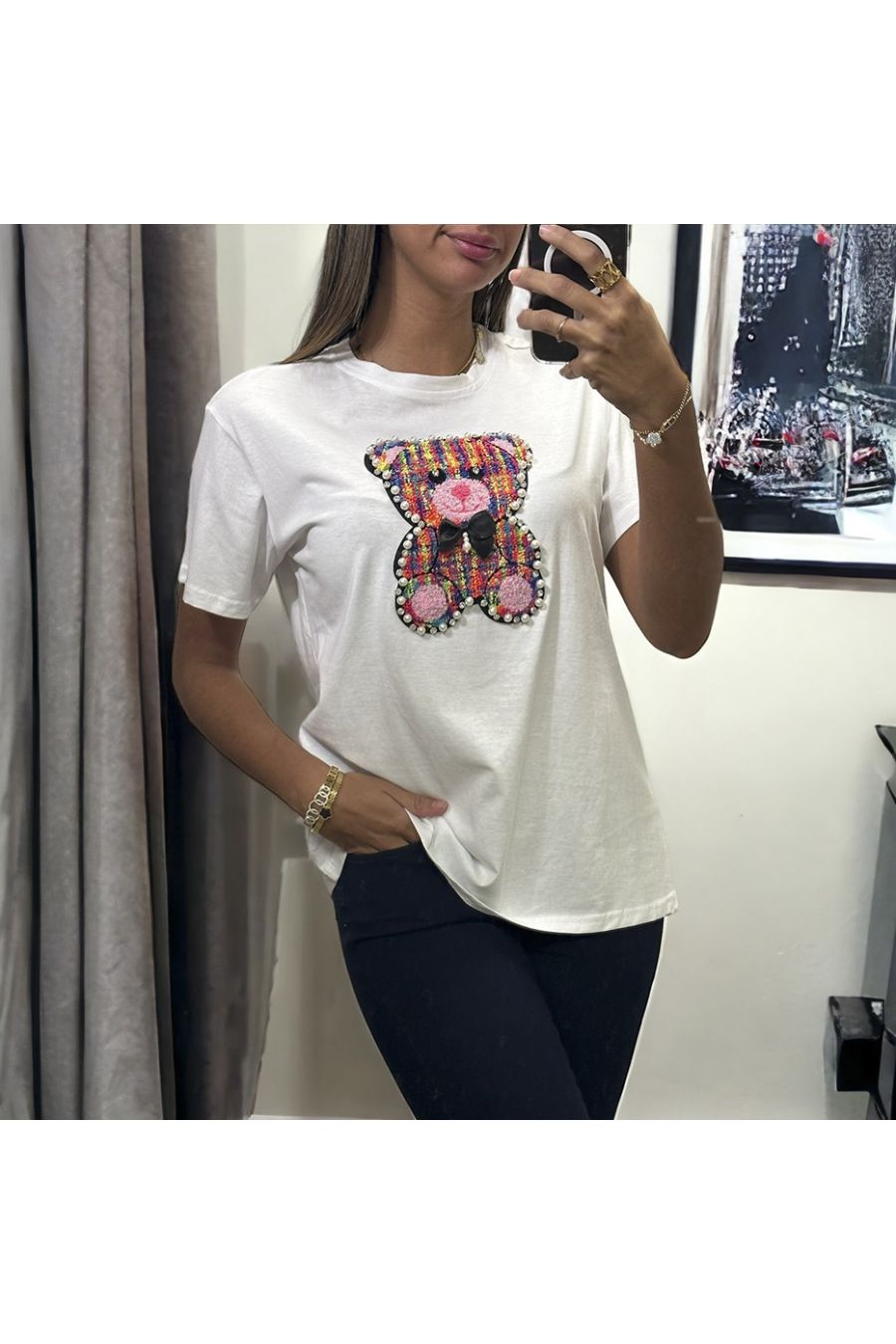 White t-shirt with plush teddy bear design with pearl - 2