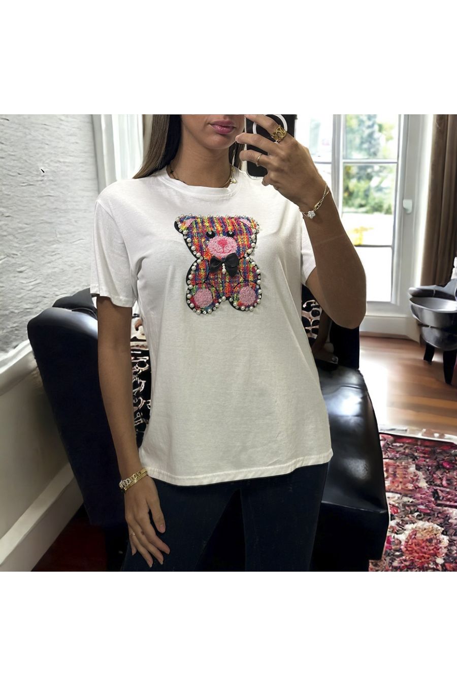 White t-shirt with plush teddy bear design with pearl - 3