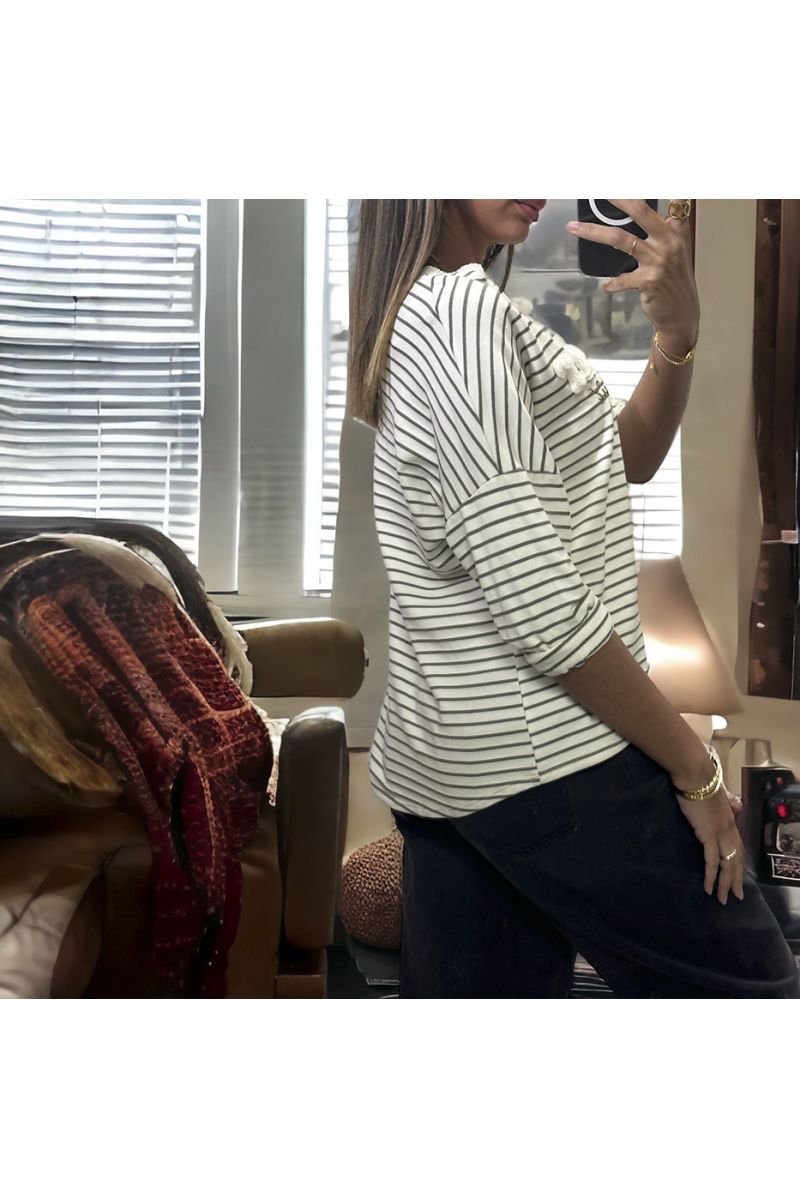 Khaki and white striped top with love writing in wool yarn - 1