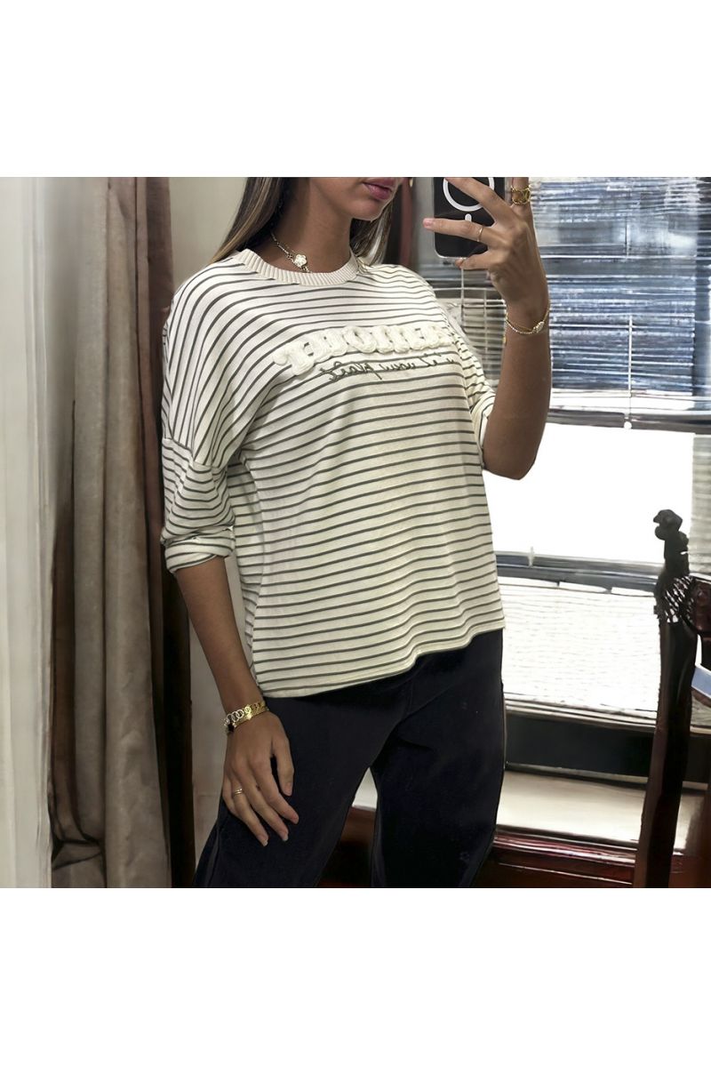 Khaki and white striped top with love writing in wool yarn - 2