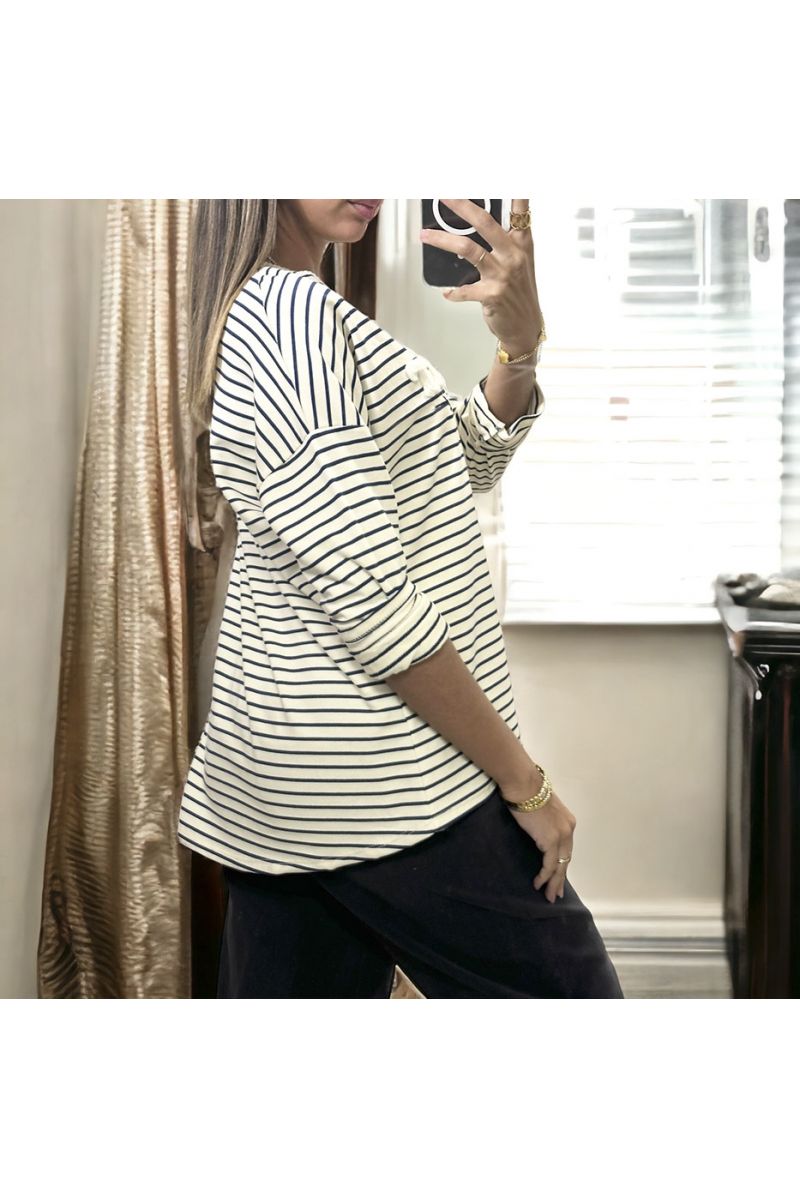 Navy and white striped top with love writing in wool yarn - 3