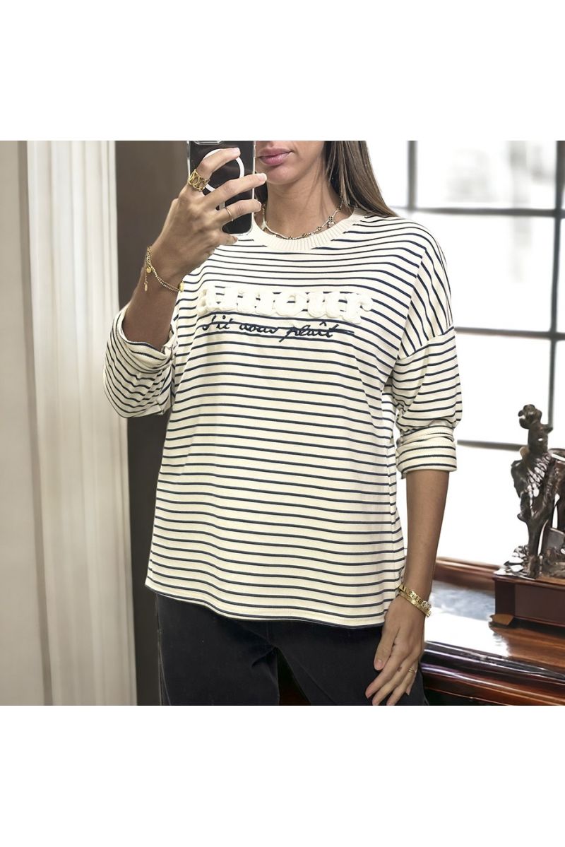 Navy and white striped top with love writing in wool yarn - 4
