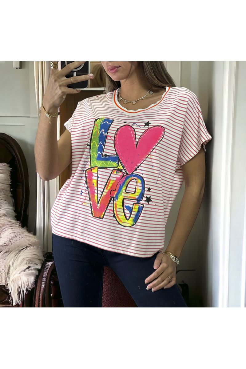 Pink and white striped cotton T-shirt with LOVE writing - 2
