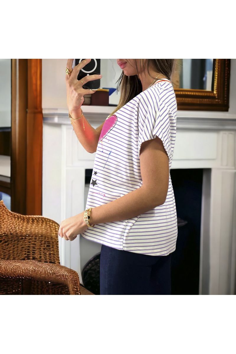 Lilac and white striped cotton T-shirt with LOVE writing - 1