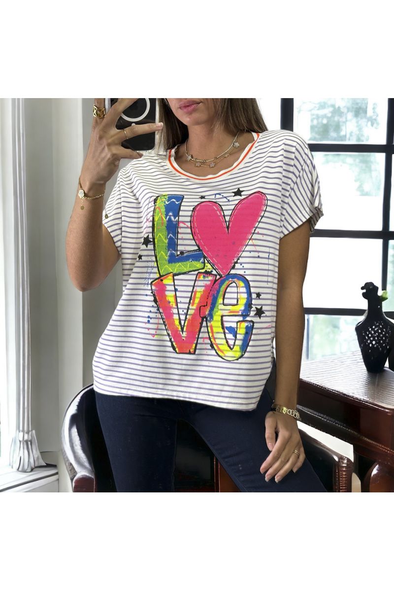 Lila en wit gestreept katoenen T-shirt met opschrift LOVE - 2