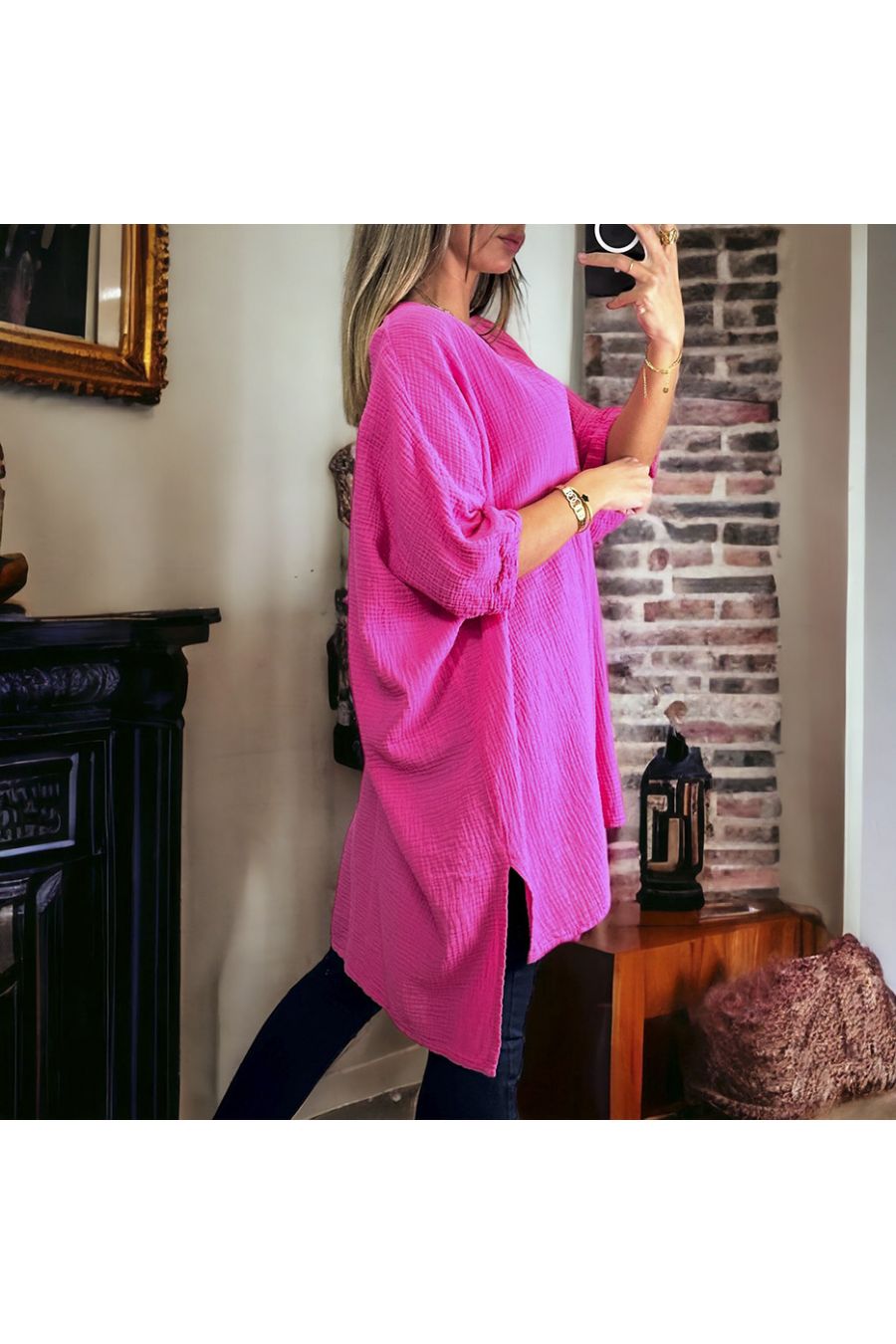 Tunique over size fuchsia allant du 36 au 54 en gaz de coton  - 1