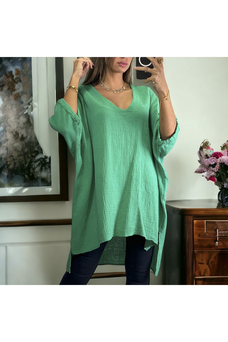 Green oversize tunic ranging from 36 to 54 in cotton gas - 2