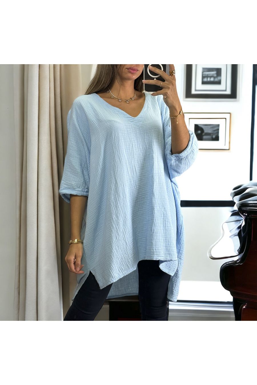 Blauwe oversized tuniek van 36 tot 54 in katoengas - 3