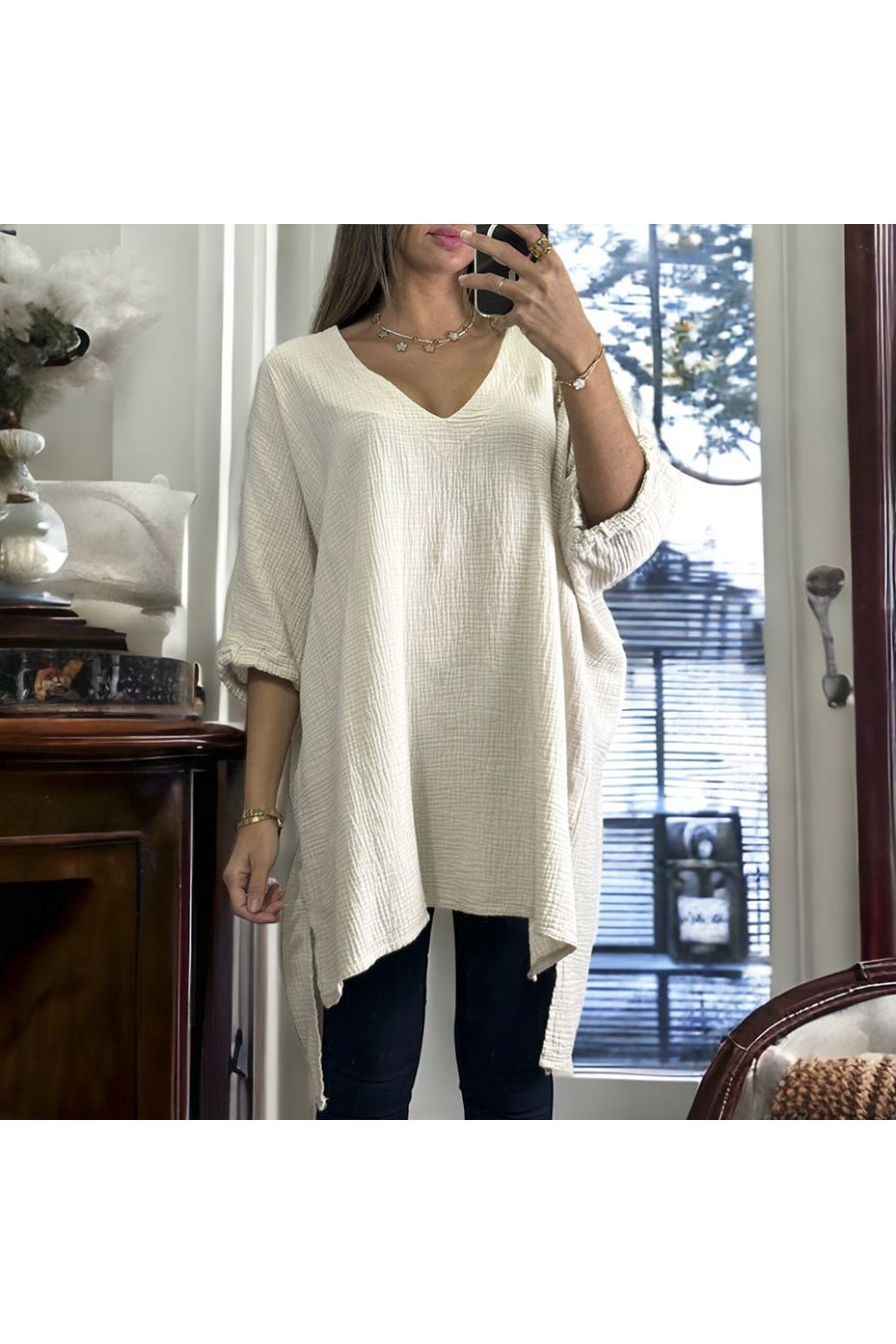 Beige oversize tunic ranging from 36 to 54 in cotton gas - 2