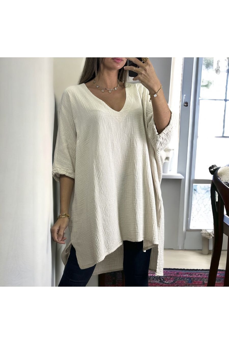 Tunique over size beige allant du 36 au 54 en gaz de coton  - 3