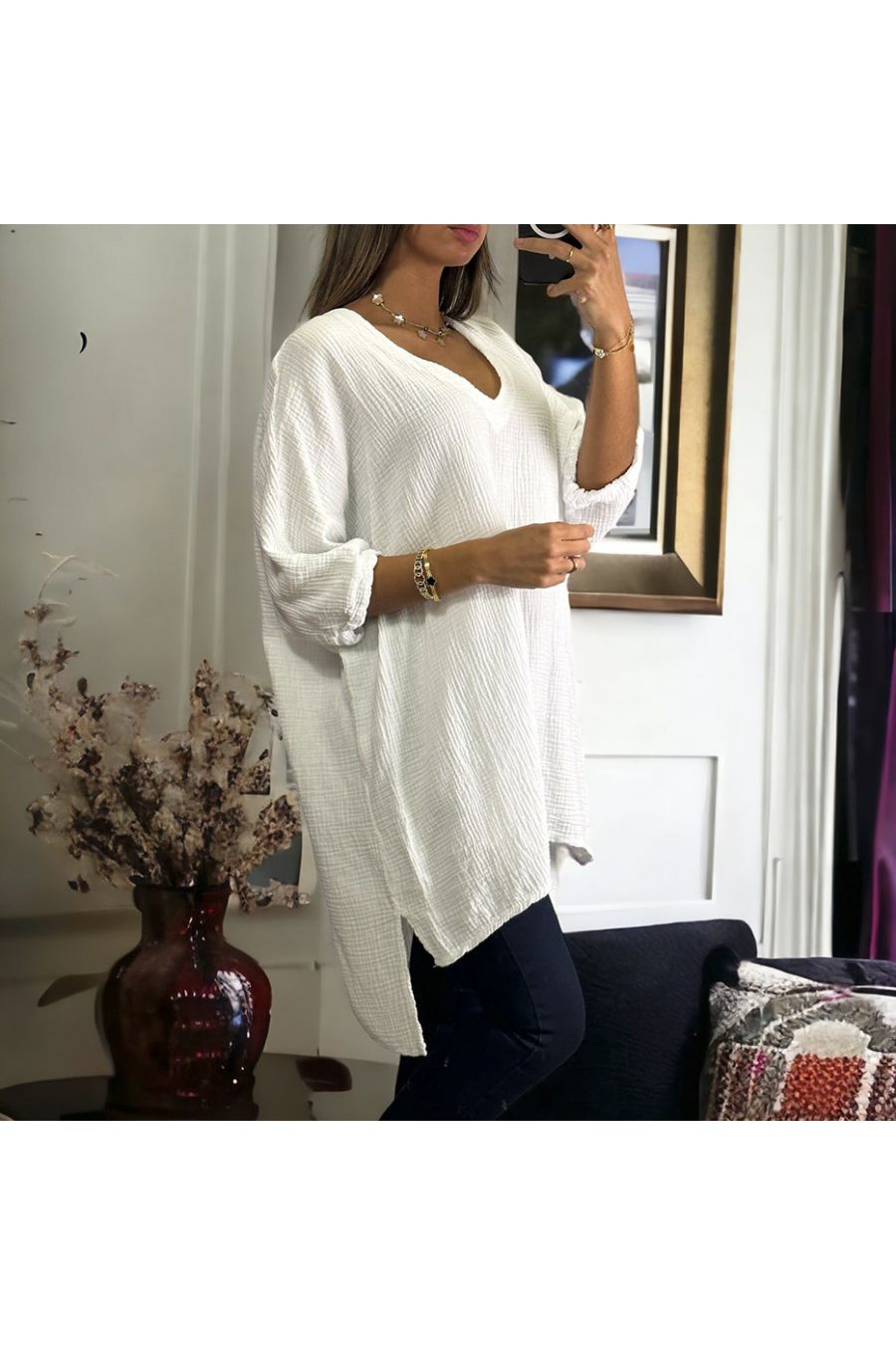 Witte oversized tuniek variërend van 36 tot 54 in katoengas - 2