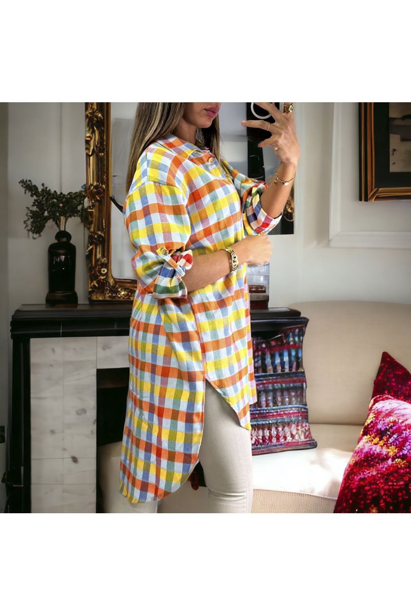 Longue chemise à carreaux très chic avec du jaune - 1