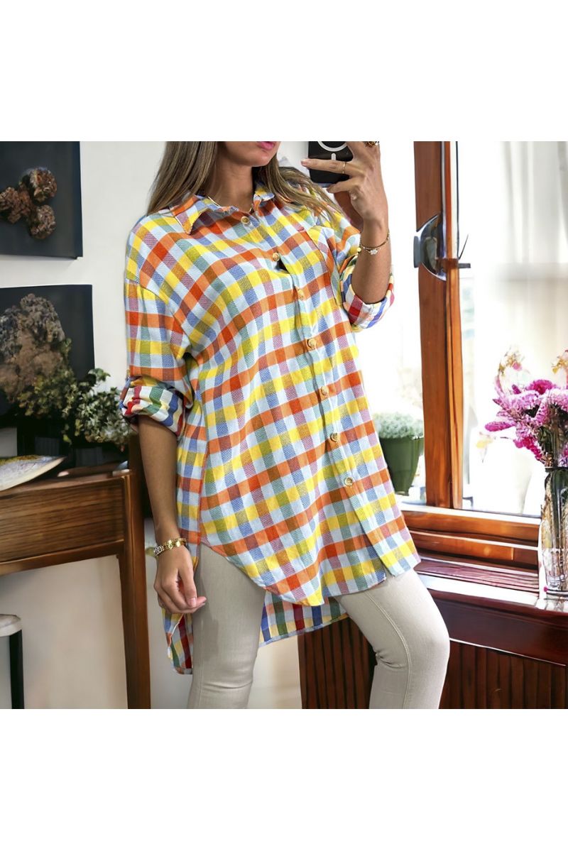 Longue chemise à carreaux très chic avec du jaune - 2