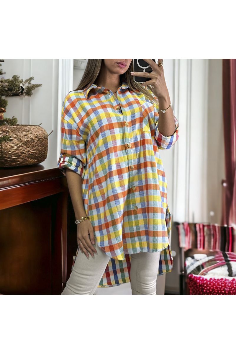 Very chic long checked shirt with yellow - 4