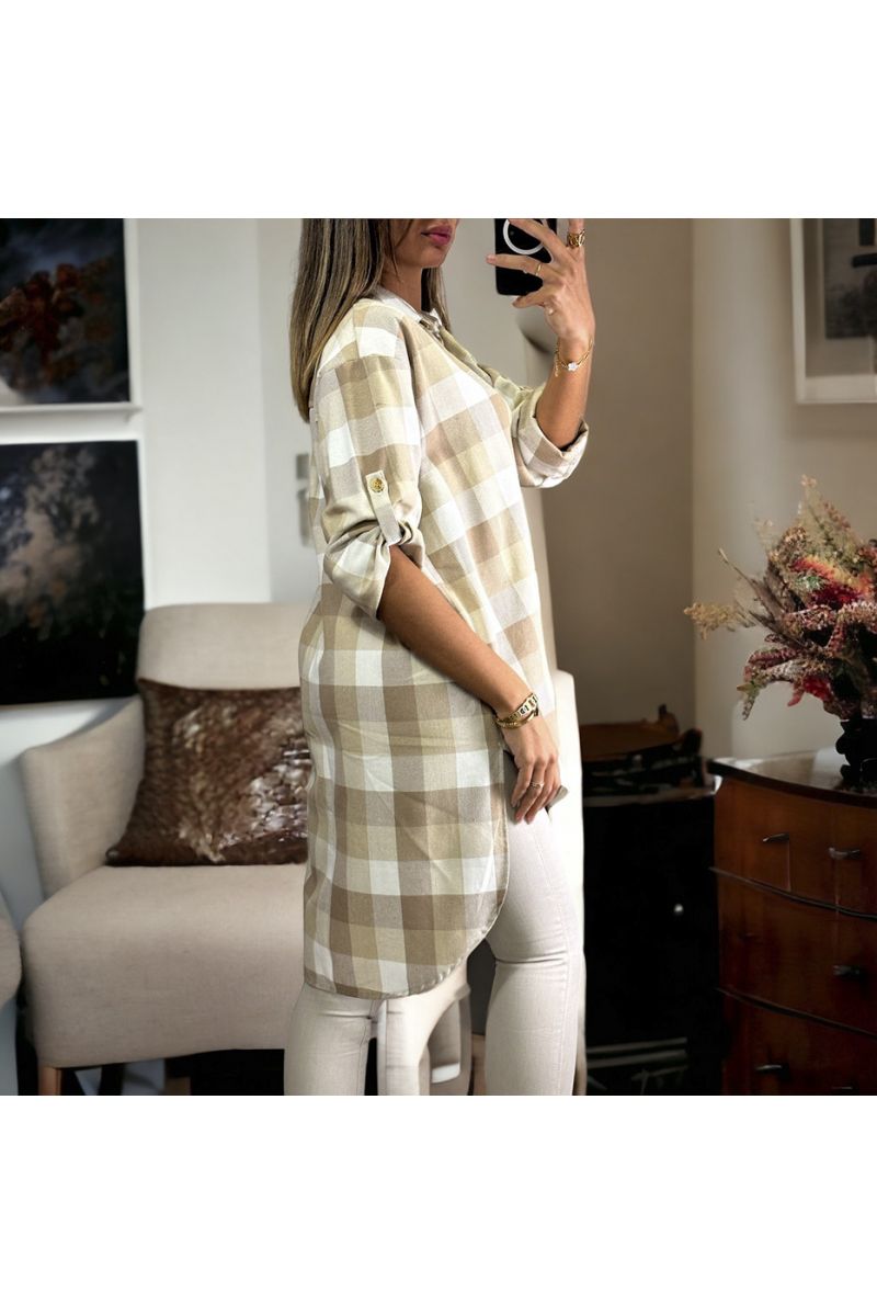 Zeer chique lang geruit overhemd met beige - 1