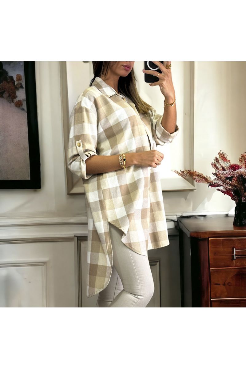 Zeer chique lang geruit overhemd met beige - 2