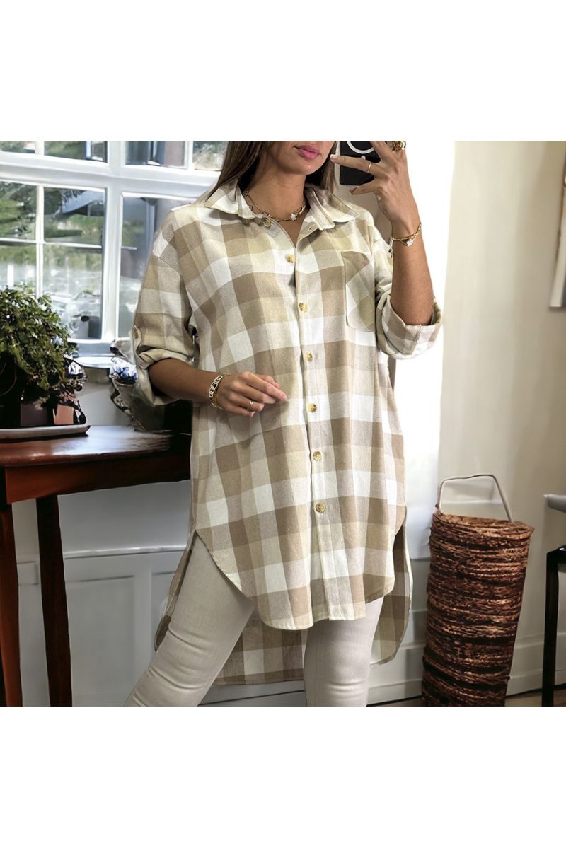 Zeer chique lang geruit overhemd met beige - 3