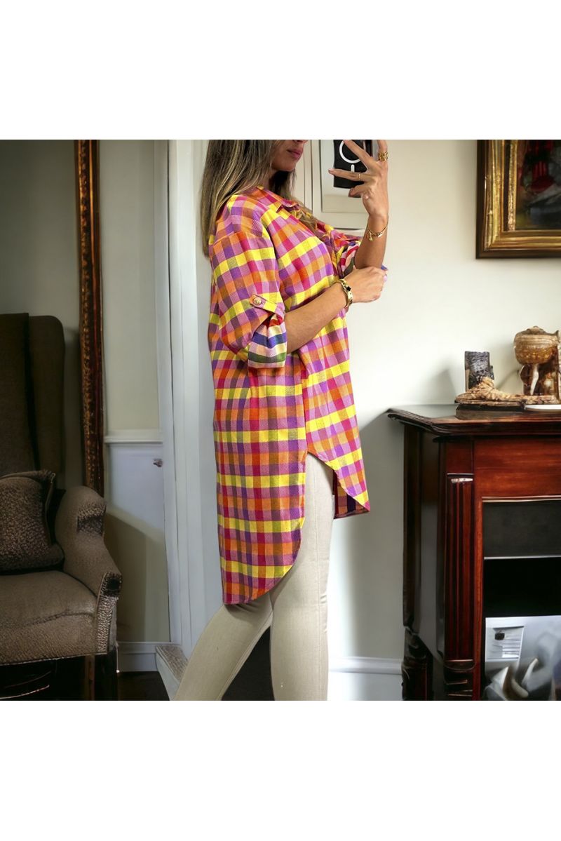Very chic long checked shirt with fuchsia - 1