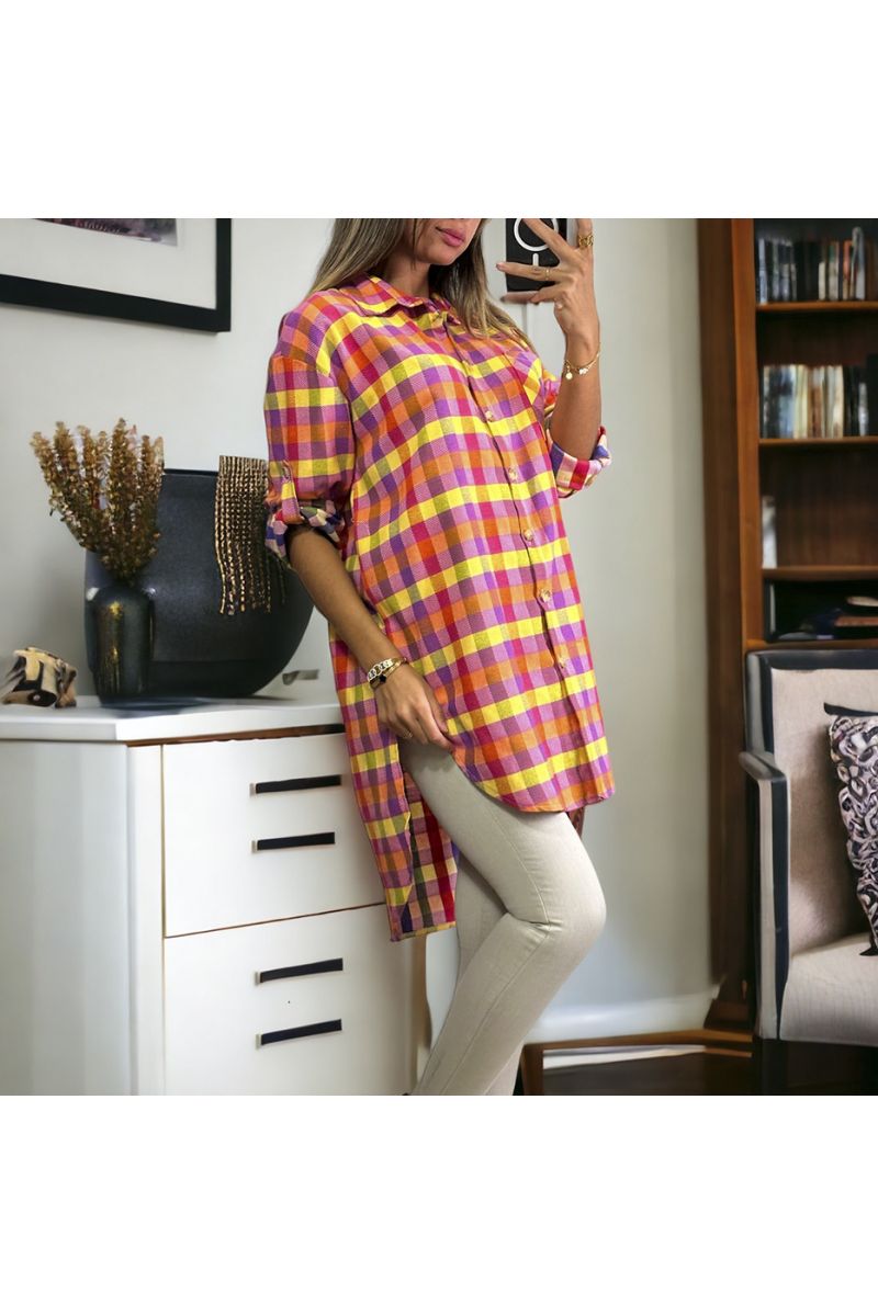 Very chic long checked shirt with fuchsia - 2