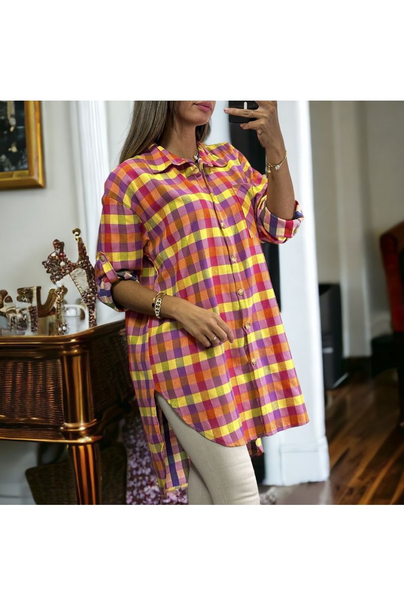 Very chic long checked shirt with fuchsia - 3