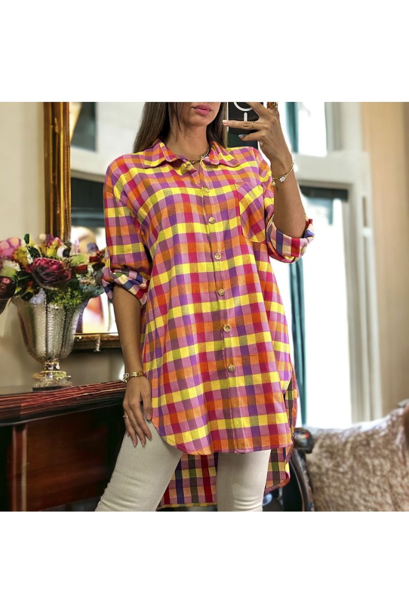 Very chic long checked shirt with fuchsia - 4