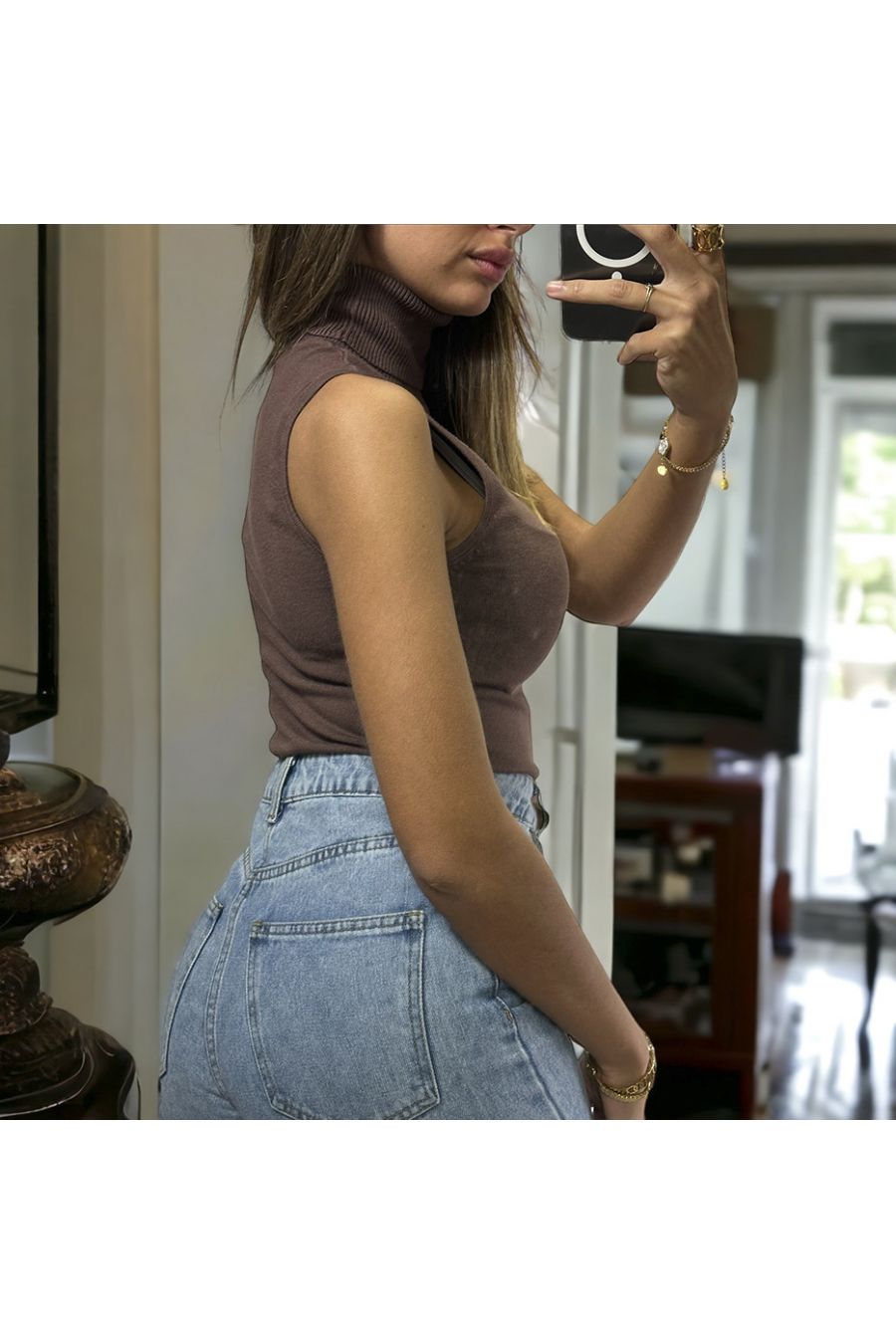 Very stretchy brown sleeveless top in turtleneck up to size 46 - 1