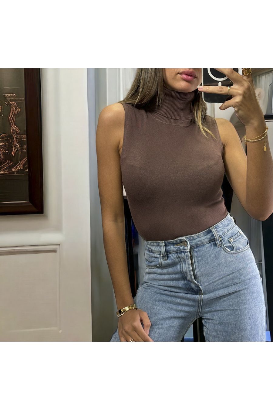 Very stretchy brown sleeveless top in turtleneck up to size 46 - 2