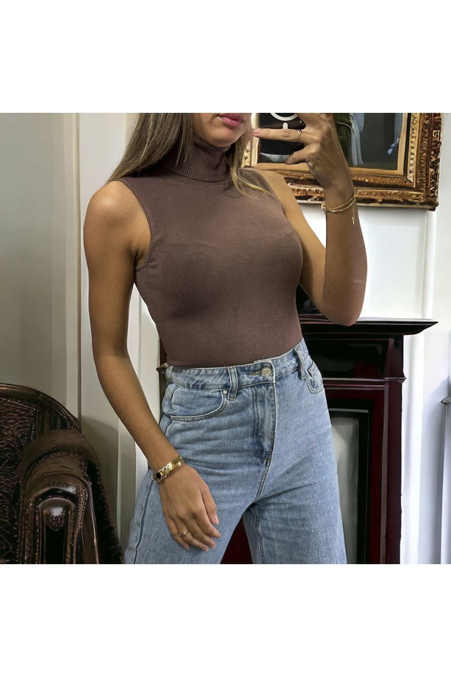 Very stretchy brown sleeveless top in turtleneck up to size 46 - 3