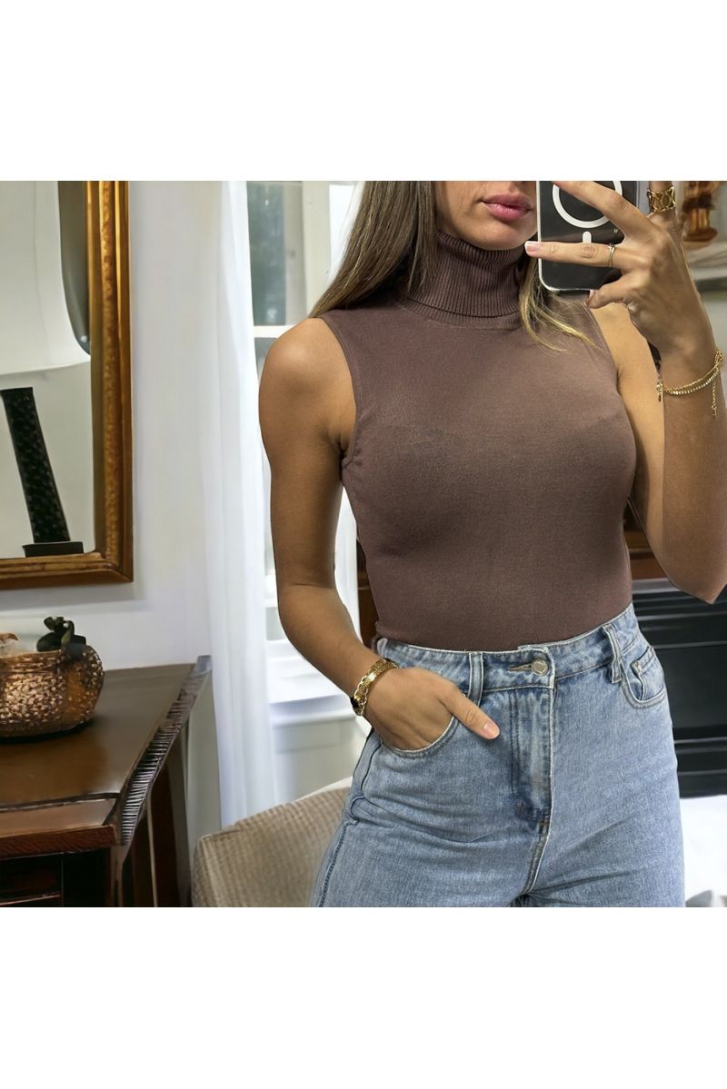 Very stretchy brown sleeveless top in turtleneck up to size 46 - 4