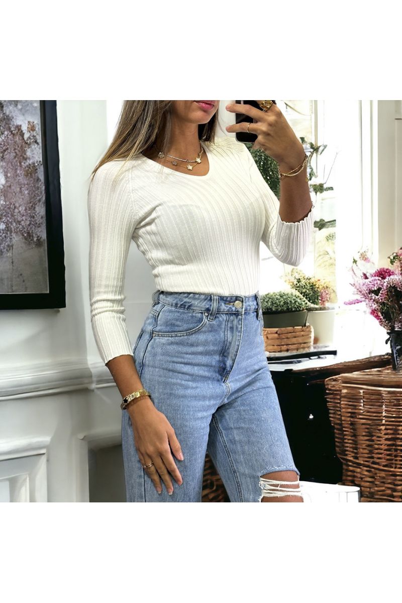 Very stretchy white rib knit 3/4 sleeve V-neck top - 1