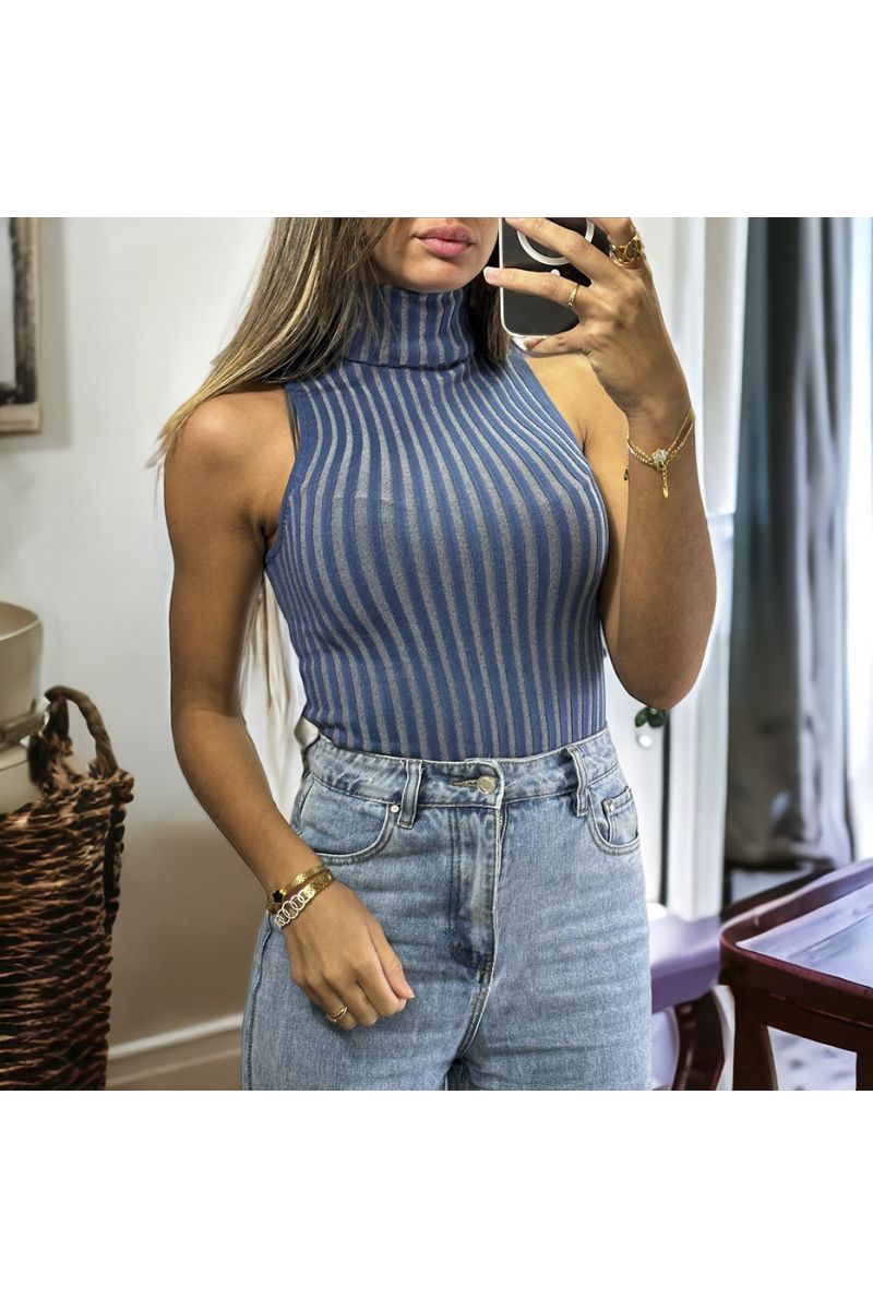 Very stretchy blue sleeveless top in turtleneck up to size 46 - 3