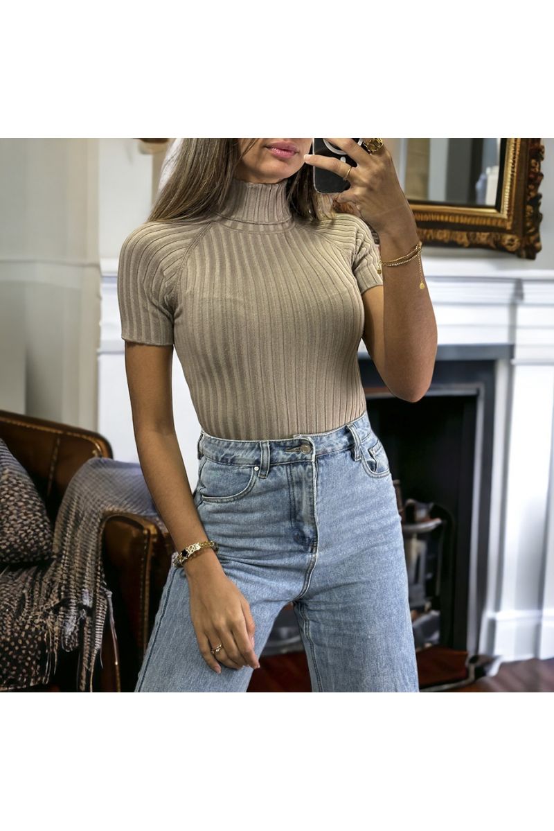 Very stretchy taupe short-sleeved turtleneck top up to size 46 - 3
